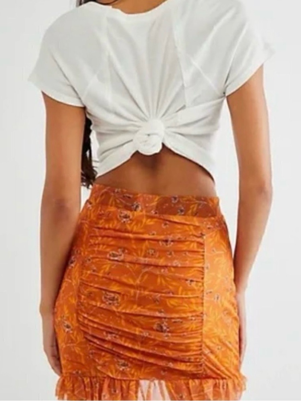 Free People Orange Floral Ruched Mesh Skirt Women’s Small NWT